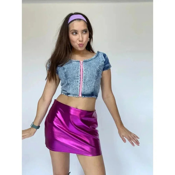 Lightening Bolt 80’s Denim Zipper Crop Top - Size Small - Picture 1 of 9